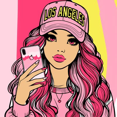 realistic beautiful girl wearing los ángeles cap holding an iphone