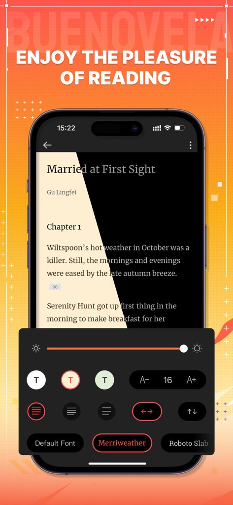 BueNovela - leer novela libro - フォントサイズや背景色などのカスタマイズ可能なテキスト設定を備えたBueNovela読書インターフェースを表示するモバイル画面