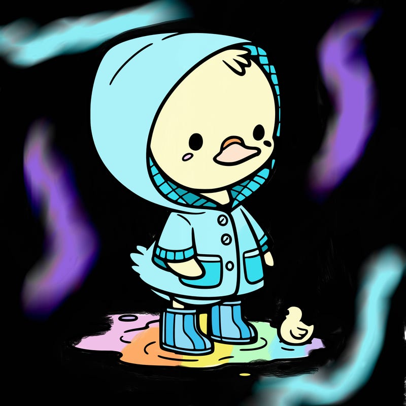 baby duck in a rain coat and boots, in a puddle while it’s raining