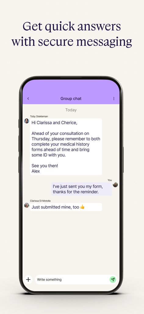 Salve - Secure group chat interface in the Salve app showing patient communication with a fertility clinic staff member regarding medical forms and consultations