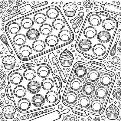 Get ready to bake up some colorful fun with this delightful muffin and cupcake pans coloring page. Featuring an array of baking essentials and tasty treats, it's perfect for anyone who loves cooking and creativity.