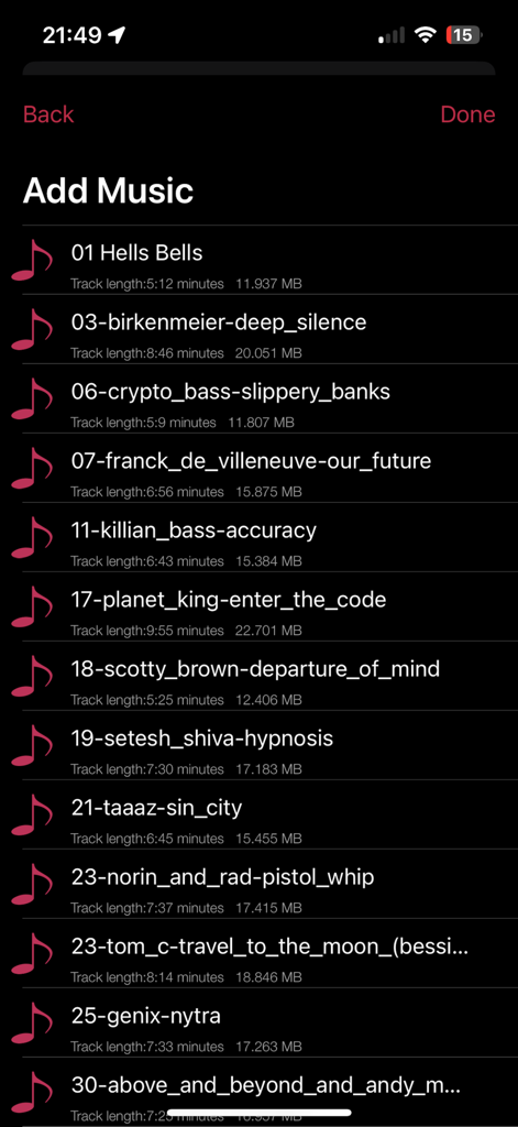 Bluetooth Car Audio Music Play - Music selection screen showing a list of songs with track lengths and file sizes