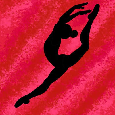 gymnast doing a leap in a leotard with a bent back leg