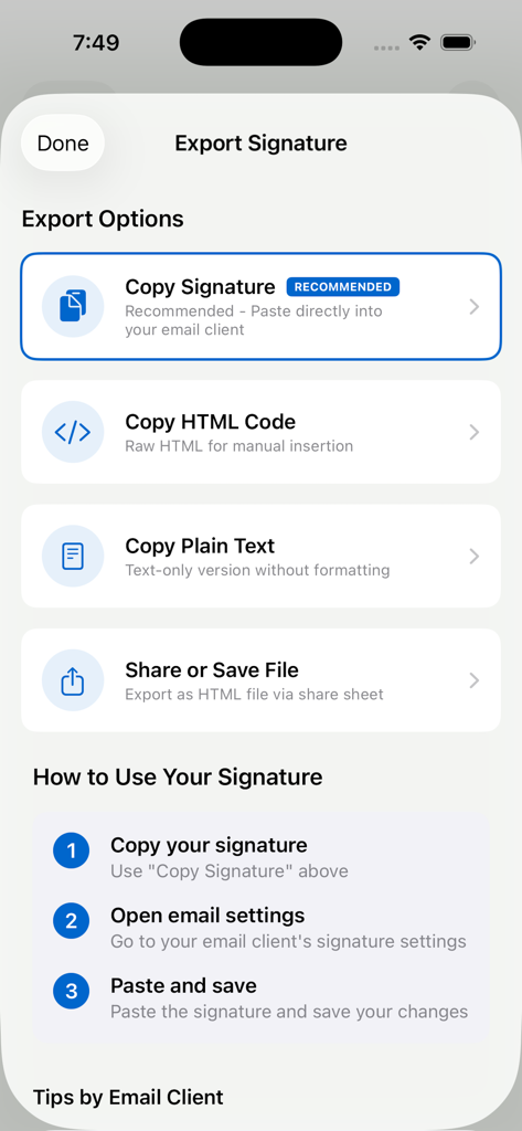 Écran des options d'exportation pour Signature Pro montrant les fonctions de copie de signature et de code HTML