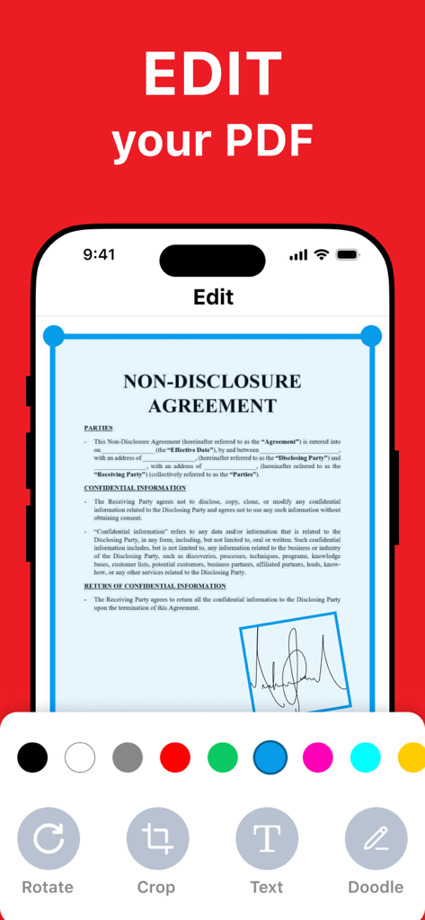 PDF Converter & PDF Makerㅤ - Interface of a PDF editor app on iPhone showing options to rotate crop add text and doodle on a non disclosure agreement document
