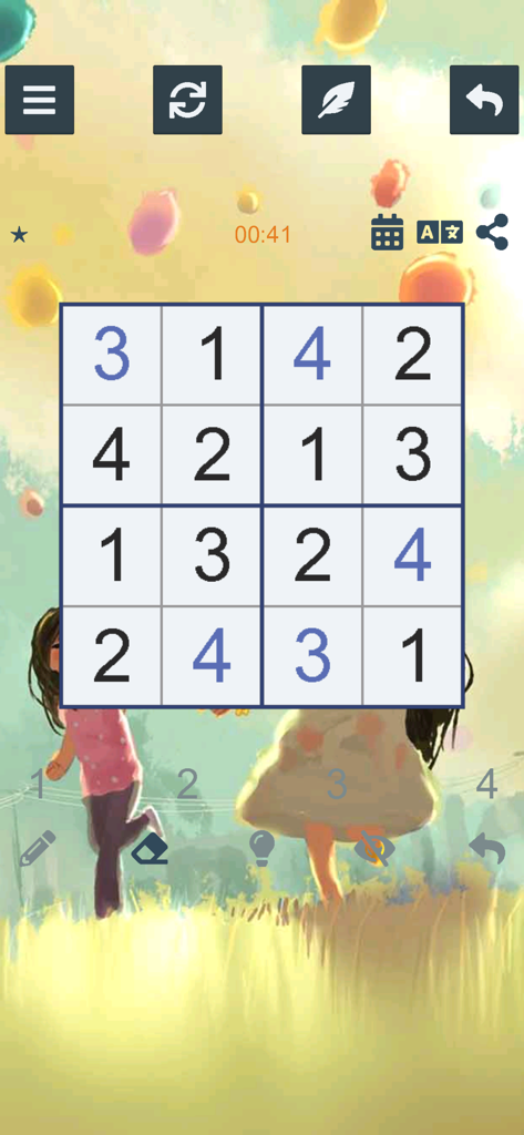 ™ Sudoku 4x4 - A 4x4 Sudoku grid puzzle interface with large numbers and a colorful illustrated background.