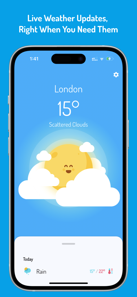 Cloudy - Cute Weather App - Cloudy app interface featuring a cute kawaii sun and weather forecast for London