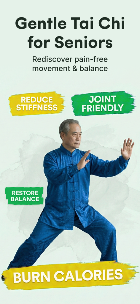 Tai Chi Workout for Seniors - Un hombre mayor con uniforme azul realizando una pose de Tai Chi para mejorar el equilibrio y reducir la rigidez