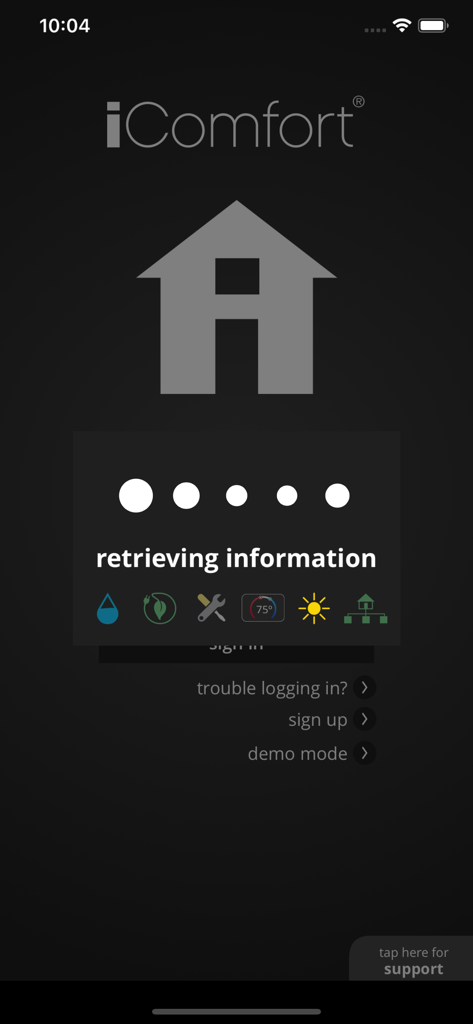Loading screen of the iComfort T-Stat app with the text retrieving information and climate control icons