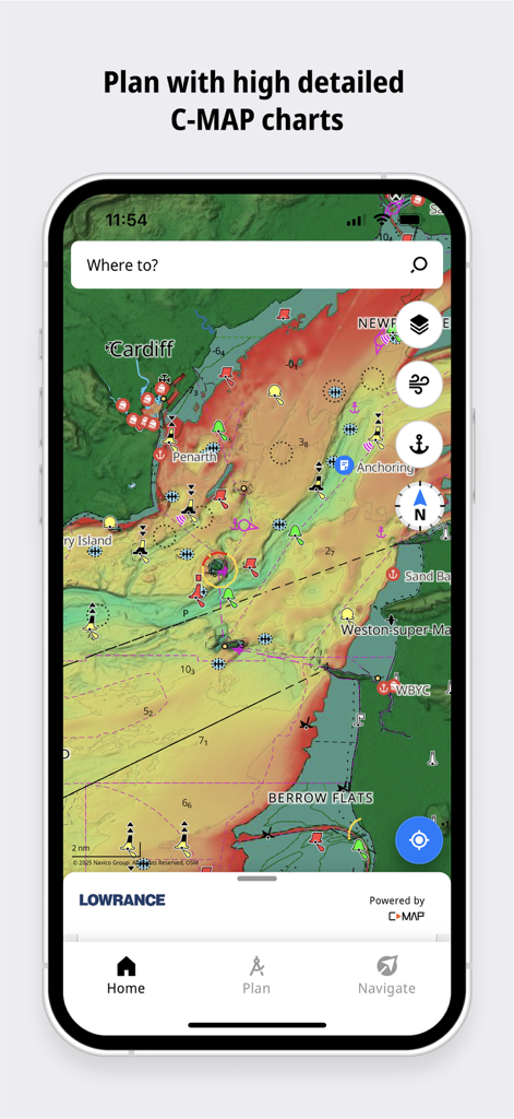 A mobile screen showing the Lowrance app with highly detailed C-MAP charts and bathymetry data for fishing trip planning.