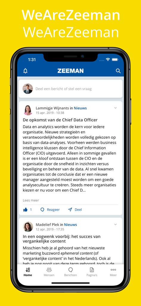 WeAreZeeman - Mobile interface of the WeAreZeeman app showing an internal corporate news feed for employees.