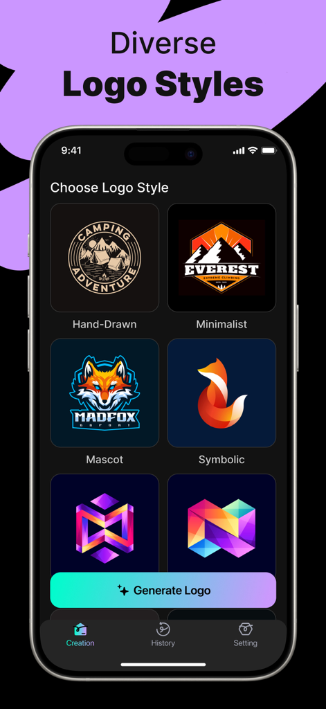 Logo Maker - AI Art Design - Interfaz de la aplicación creadora de logos con IA que muestra diversos estilos de diseño, incluyendo opciones minimalistas dibujadas a mano y de mascotas