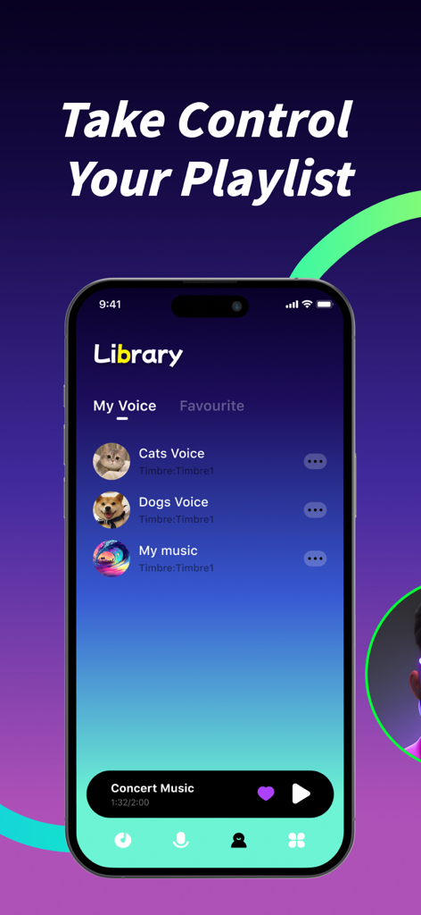 ToneSnap app interface showing the library section with voice recordings and music playlist options