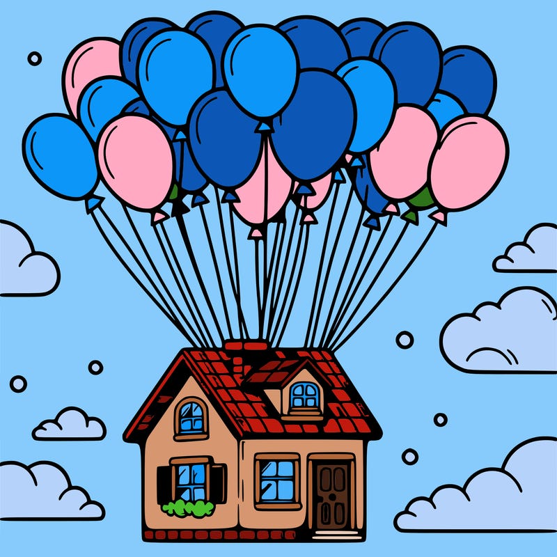 house floating from lots of balloons