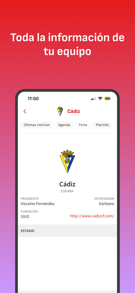 Pantalla de perfil de equipo de la aplicación AS Sports news para el Cádiz CF que muestra detalles del presidente y entrenador