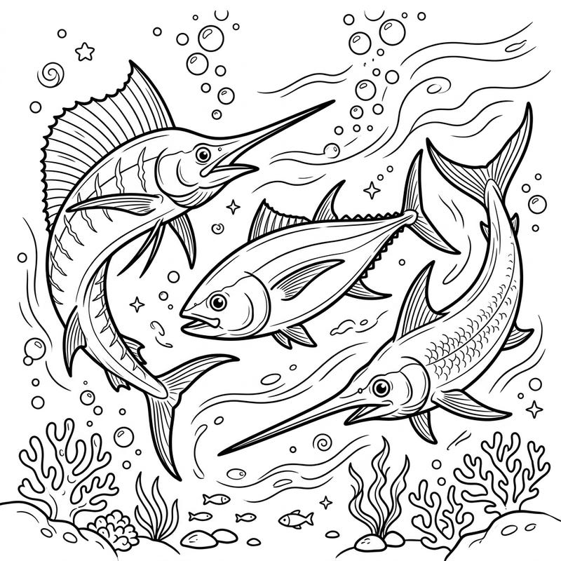 Dive into the exciting world of pelagic fish with this engaging coloring page designed especially for kids. Discover majestic marlins, swift tuna, and powerful swordfish swimming amidst ocean bubbles and coral.
