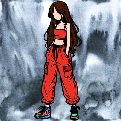 girl in baggy pants crop top and long hair