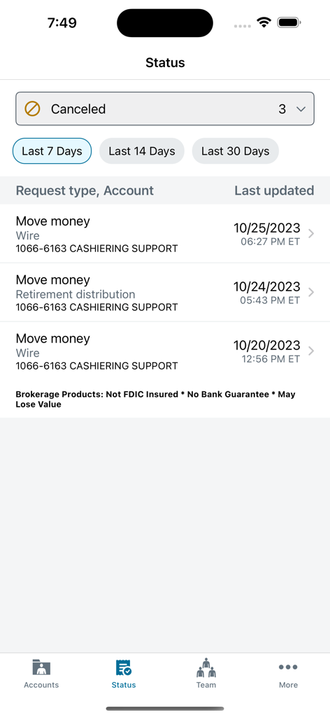 Schwab Advisor Center® Mobile - Pantalla de estado de la aplicación Schwab Advisor Center Mobile que muestra una lista de solicitudes de transferencia de dinero canceladas.