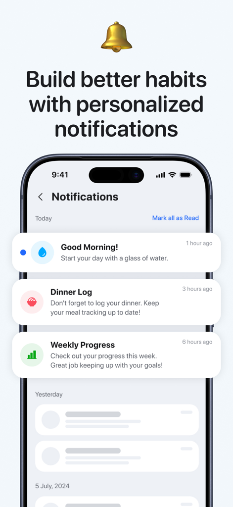 iPhone screen displaying personalized habit notifications for water intake, meal logging, and weekly progress in the Pep GLP-1 tracker app.