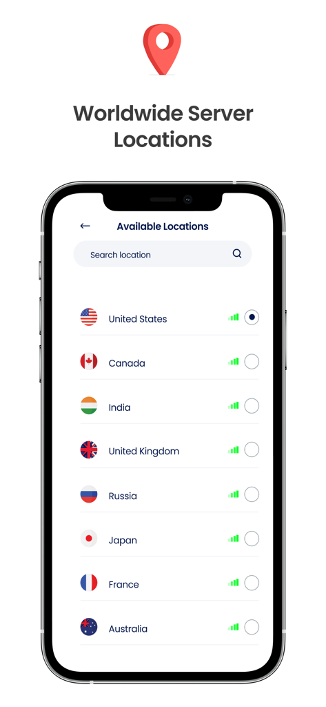 Lista de ubicaciones de servidores mundiales en la aplicación VPN Ilimitado Gratuito