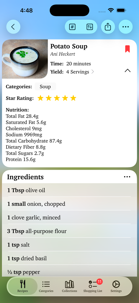 Personal Cookbook - A detailed view of a potato soup recipe in the Personal Cookbook app showing ingredients nutrition facts and star rating