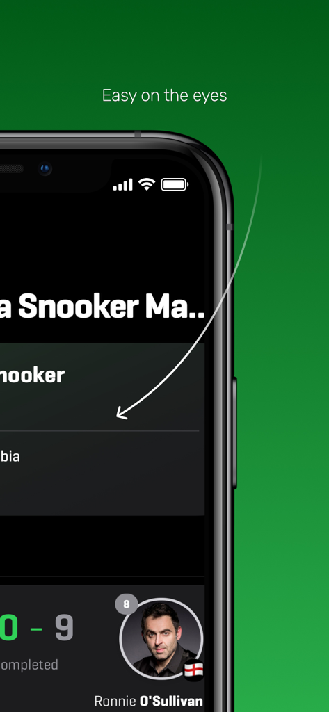 World Snooker Online - World Snooker Online app dark mode interface showing Ronnie OSullivan profile and live match scores