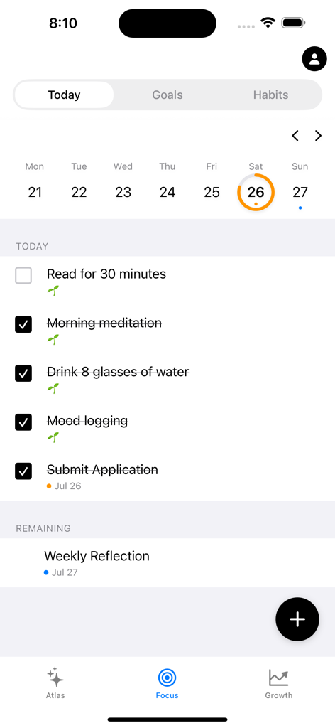 Atlas AI Coach - Lista de verificación de tareas diarias y seguimiento de hábitos en la aplicación Atlas AI Coach