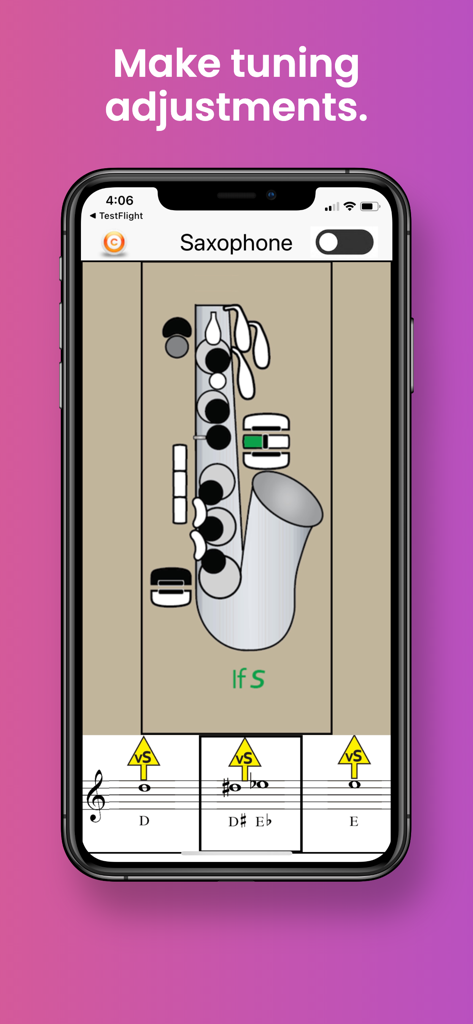 Saxophone Fingering & Tuning - Tabla de digitación de saxofón que muestra ajustes de afinación y tendencias de tono