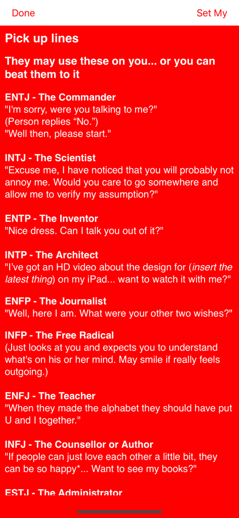 A screen from the Date Mate Dating app showing pick-up lines tailored to different personality types like ENTJ and INTJ