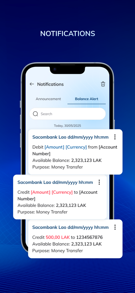 Sacombank E-Pay - Sacombank E-Payモバイルアプリの画面。送金や取引の残高アラート通知が表示されています。