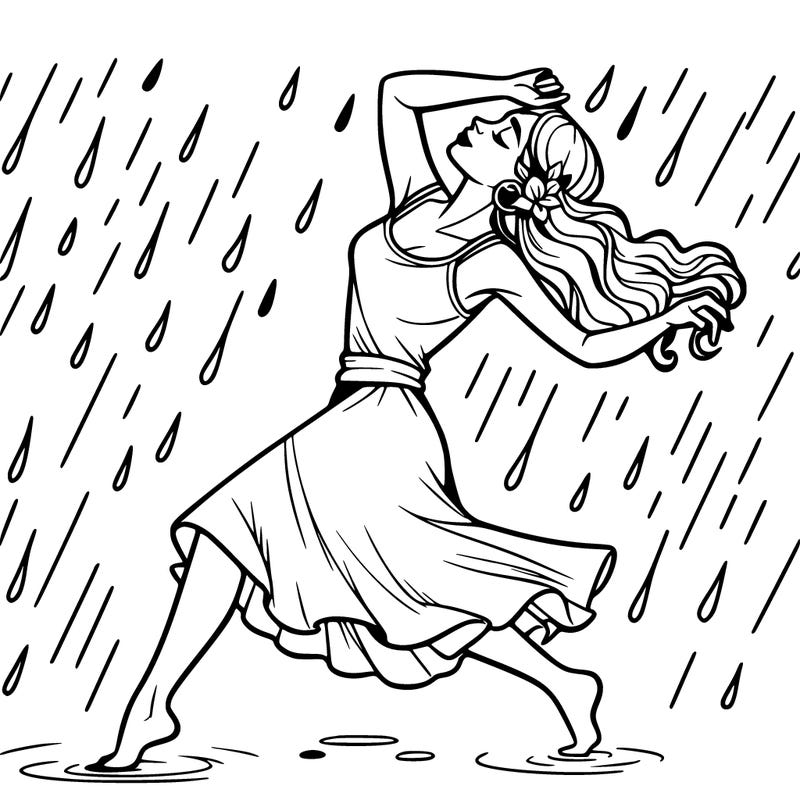 a realistic woman dancing while it rains and you can see the droplets