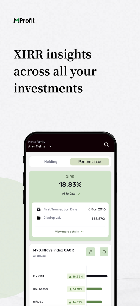 MProfit - MProfit app displaying XIRR insights and performance comparison against market indices.