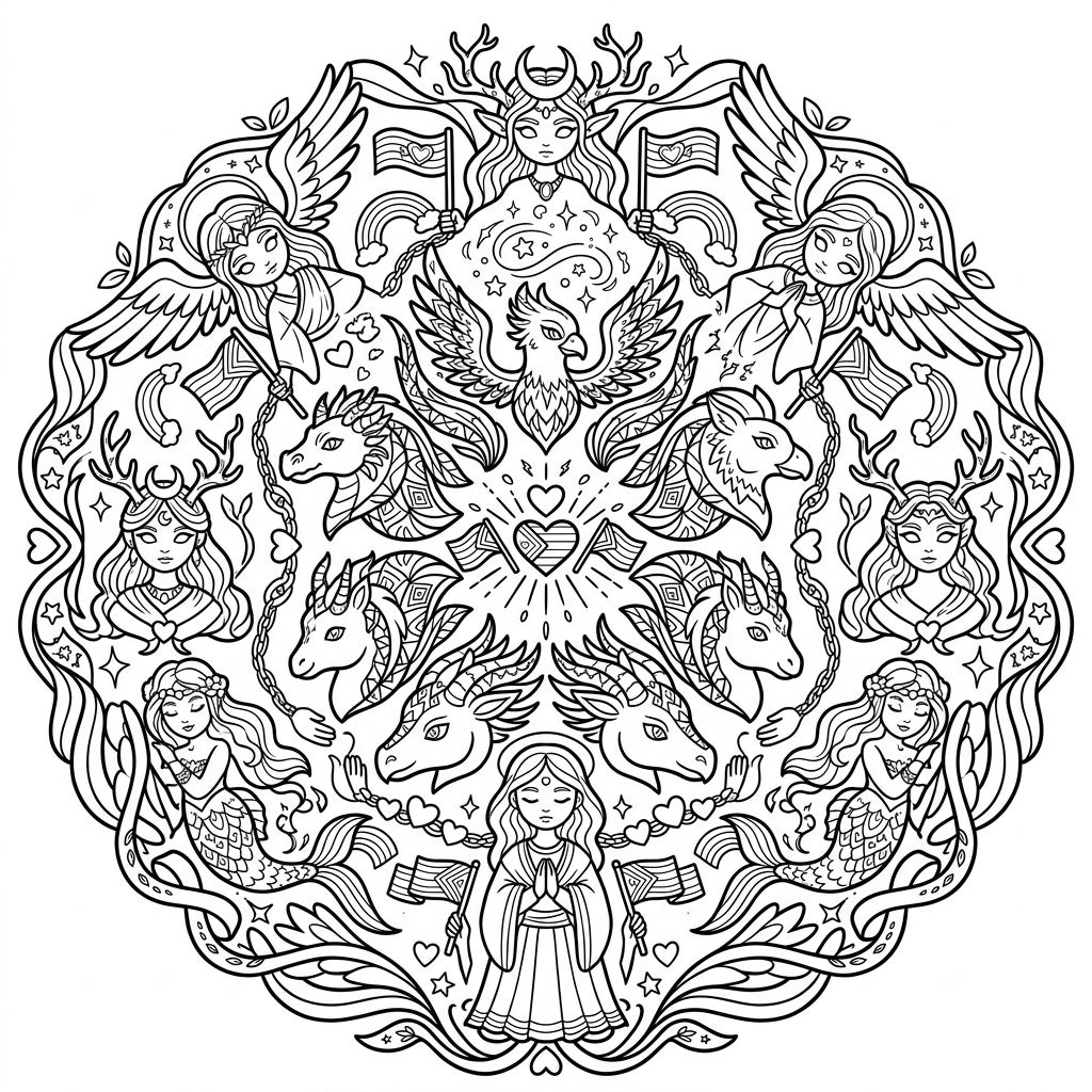 Fantasy Pride Mandala Coloring Page - Mythical Creatures