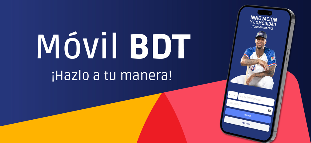 Movil BDT - Banner promocional de la aplicación bancaria Movil BDT mostrando la pantalla de inicio de sesión en un smartphone