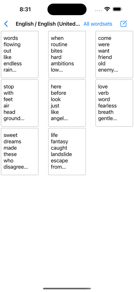 Find the words - A screen in the Find the Words app showing a grid of custom word lists for creating personalized word search puzzles
