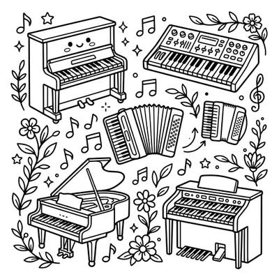 Let your child's creativity soar with this engaging coloring page featuring a symphony of keyboard instruments. From happy pianos to fun synthesizers, young artists will love bringing these musical scenes to life.