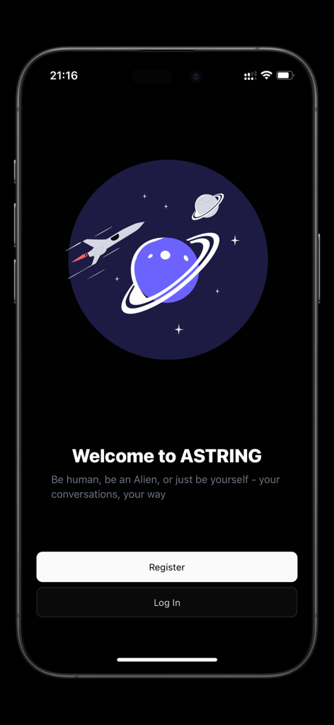 aSTRING Chaos - The welcome screen of the aSTRING Chaos social app featuring a space-themed illustration with a rocket and planet alongside register and login buttons.