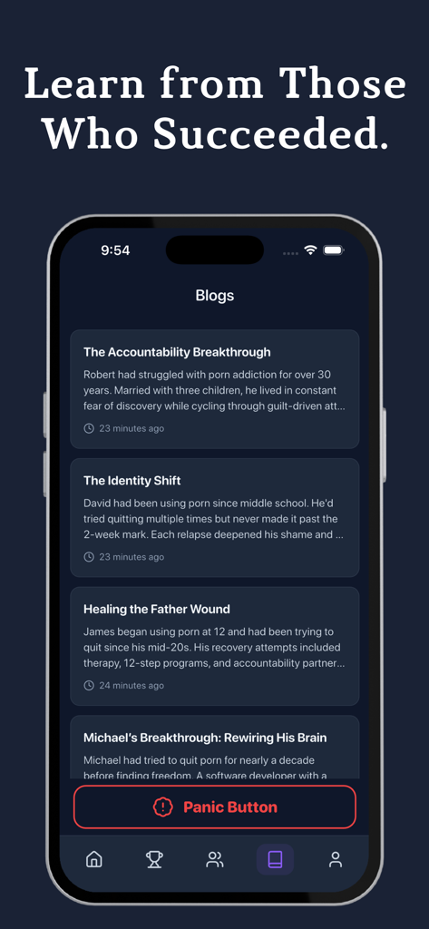Rewire - Quit porn addiction - Screenshot of Rewire app's blogs section featuring recovery success stories and a prominent panic button.