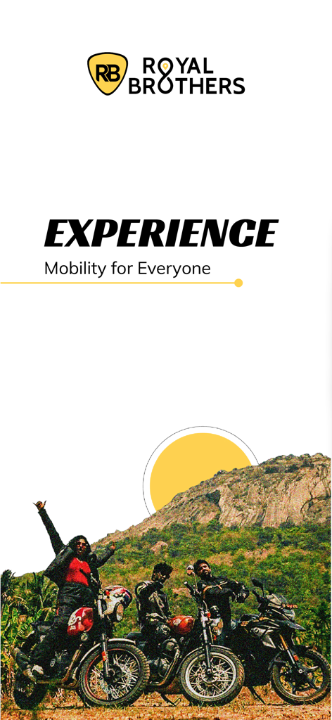 Royal Brothers - Bike Rentals - Schermata promozionale dell'app Royal Brothers con viaggiatori su motociclette sullo sfondo di una montagna con lo slogan Mobilità per Tutti