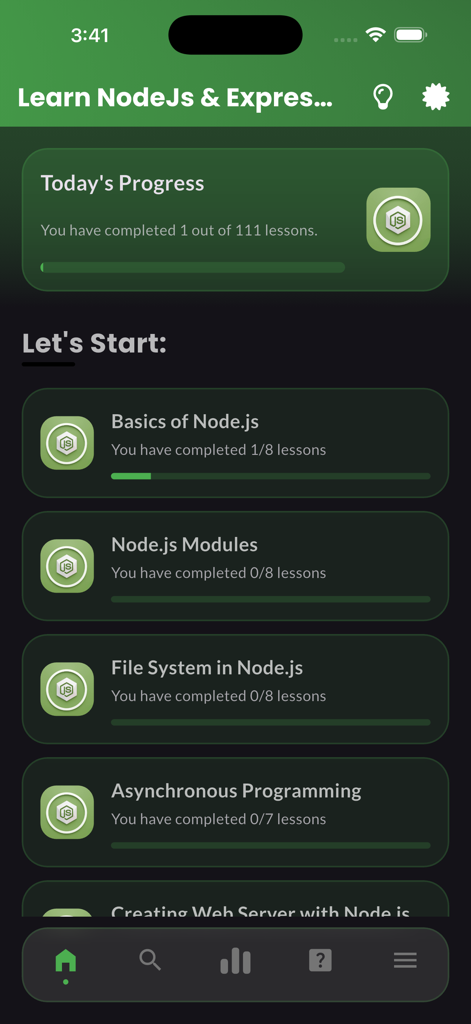 Learn NodeJs & ExpressJs - Painel de um aplicativo de aprendizado Node.js e Express.js mostrando o progresso das aulas e os módulos
