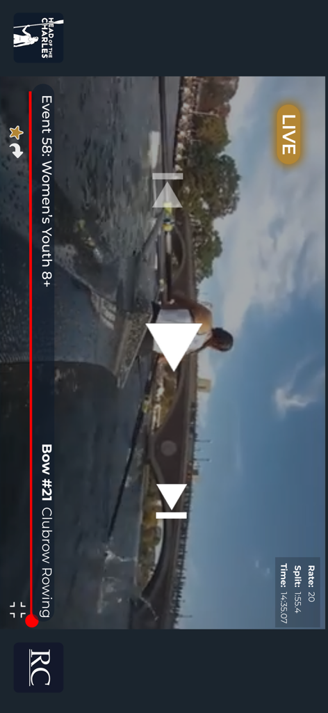 A live stream of a rowing race on the HOCR app showing event details and real-time performance data.