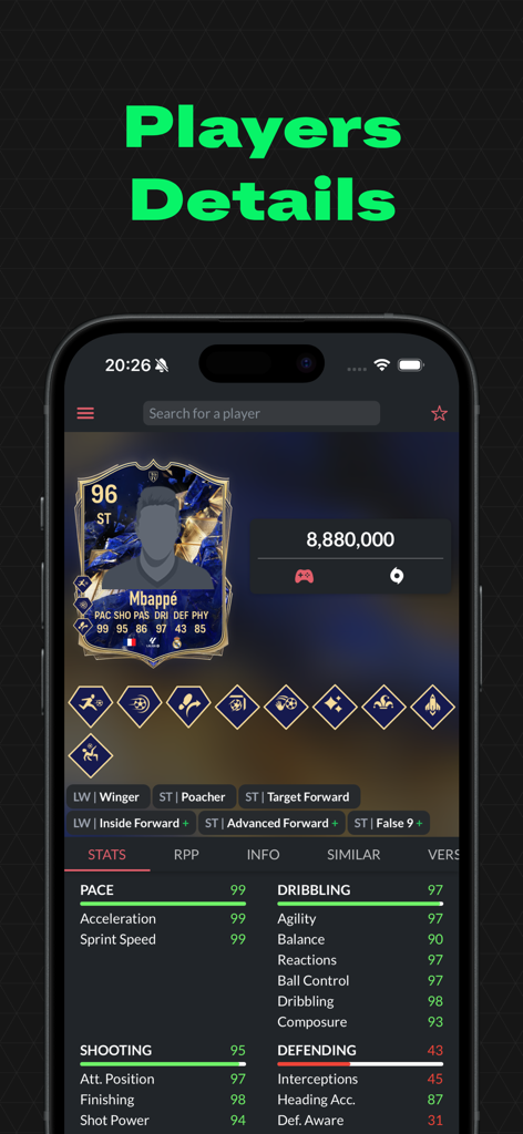 FUT Mind 26 - Players database - Detailed player stats and market prices in the FUT Mind 26 app showing a high rated card