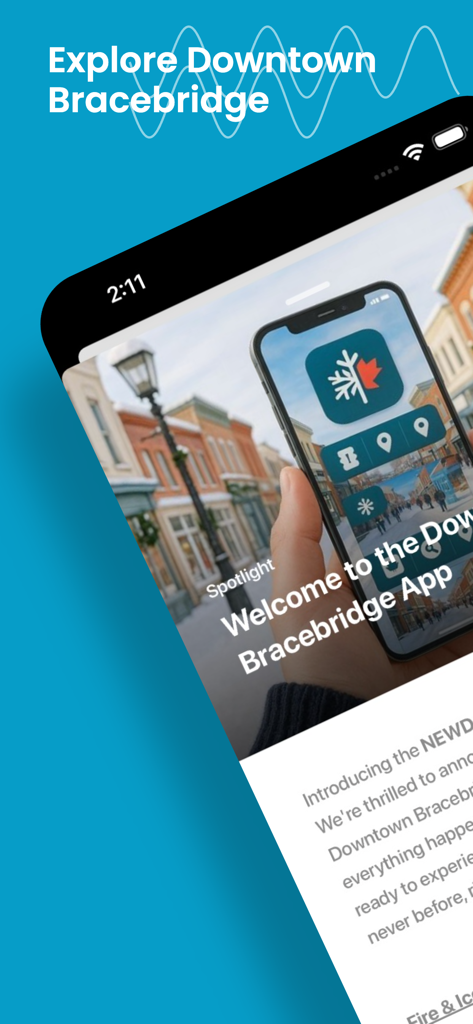 A mobile phone showing the welcome screen of the Downtown Bracebridge guide app.