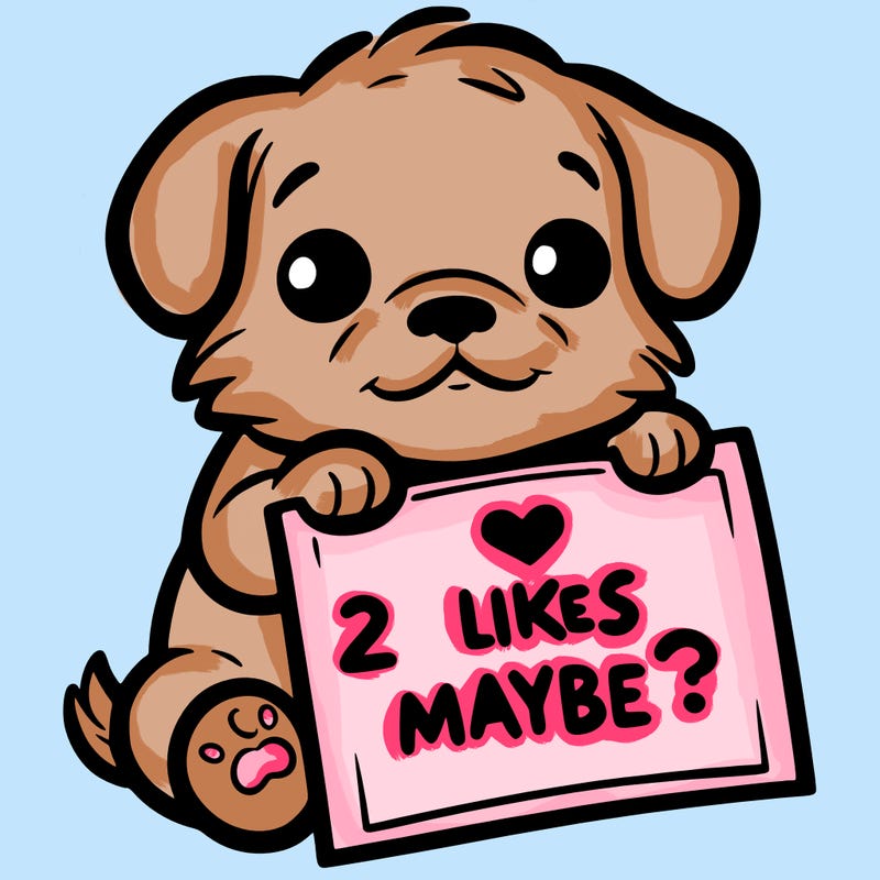 a puppy holding a sign that says 2 likes maybe?