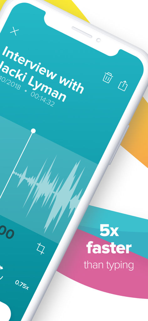 Temi - Recorder & Transcriber - Temi app interface showing an interview recording with an audio waveform and playback speed controls