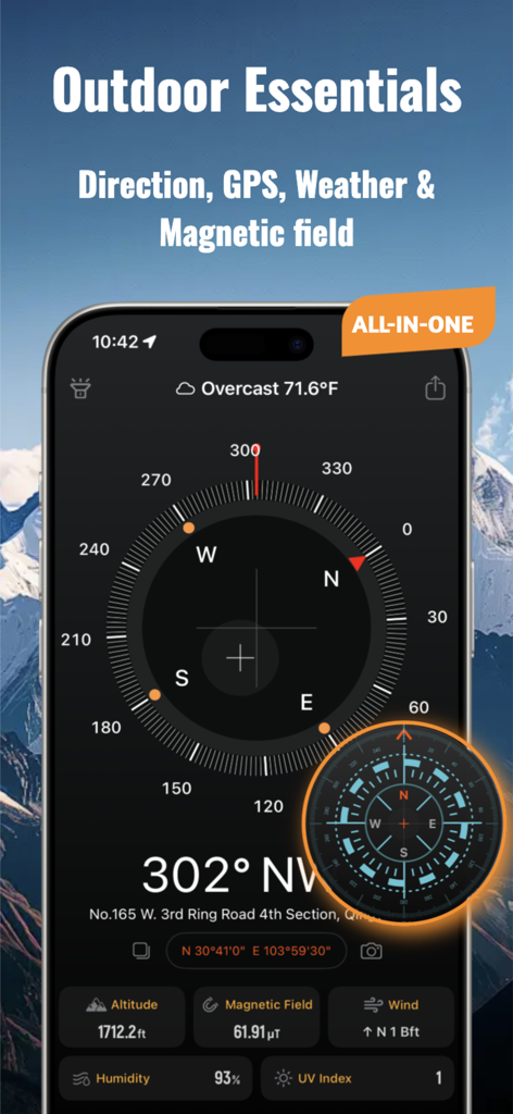 Interface de l'application Boussole GPS et Altimètre affichant la direction, la météo et les informations d'altitude pour l'exploration en plein air