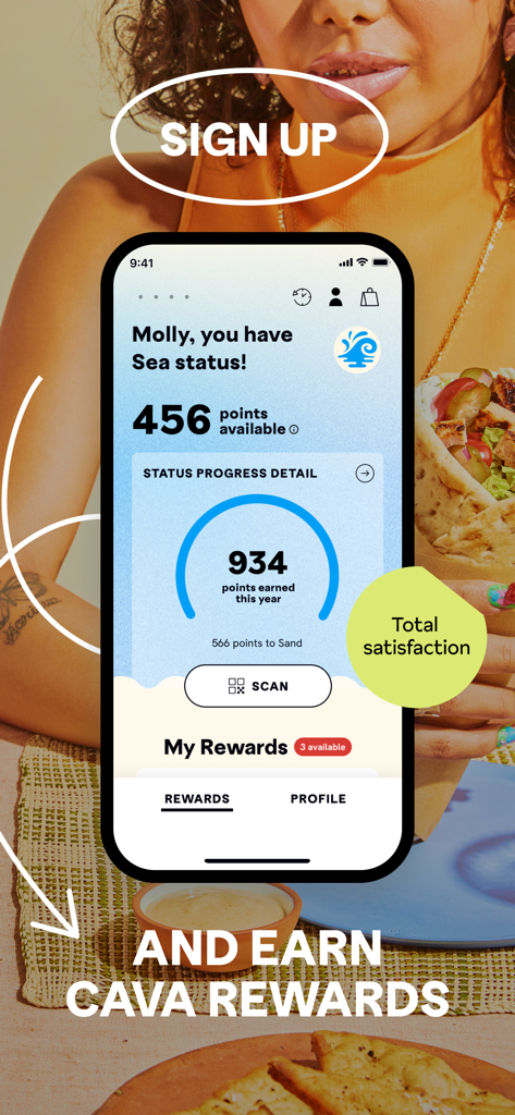 CAVA | Order Online - CAVA app rewards screen displaying loyalty points and user status