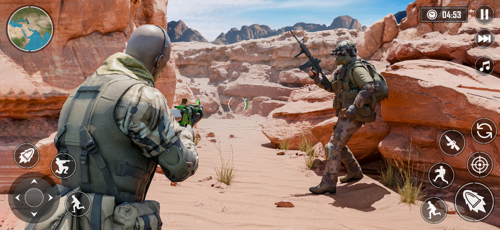 Soldier aiming a gun in a desert canyon environment in Gun Strike PvP Battle-Shooting