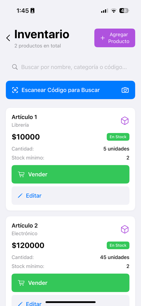 Inventario y Venta - Schermata dell'app mobile che mostra un elenco di articoli in inventario con livelli di scorta e prezzi nell'app Inventario e Vendite