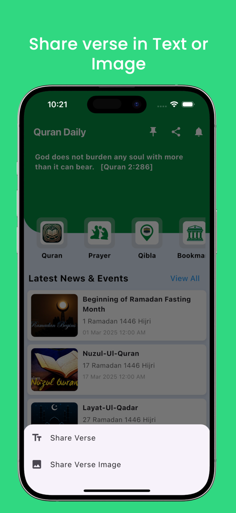 Quran App - English - Interface do App Alcorão mostrando opções para compartilhar versículos e próximos eventos islâmicos